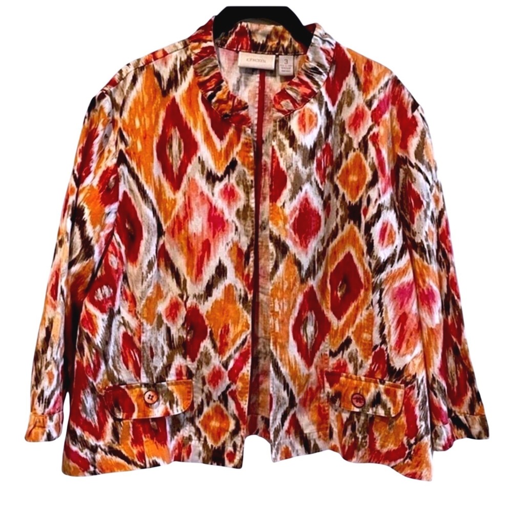 Chicos Orange Red Ikat Linen Blend Open Front Ruffle Jacket XL Women Size 3 (16)